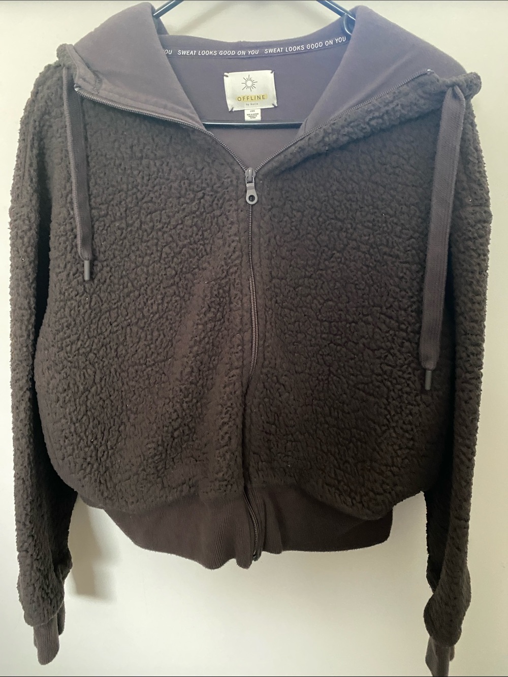 Aerie OFFLINE Sherpa Hoodie Dark Charcoal color front pockets
